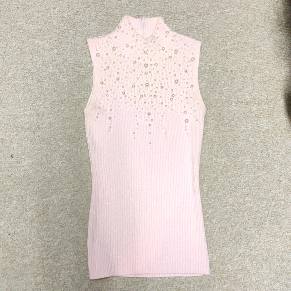 Pink pearl beaded sleeveless sweater